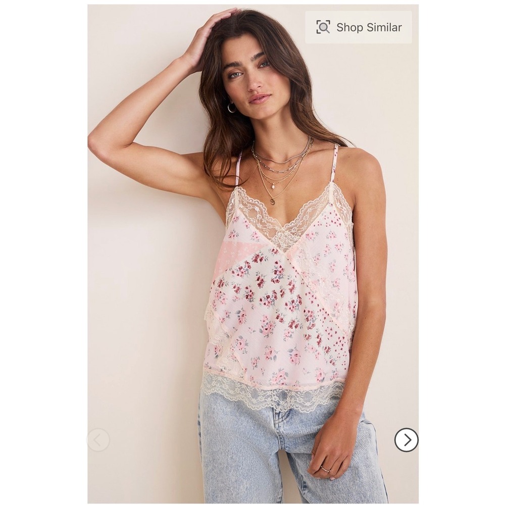 Francescas Natalie Pink Floral Patchwork Lace Trim Cami Top XL Womens